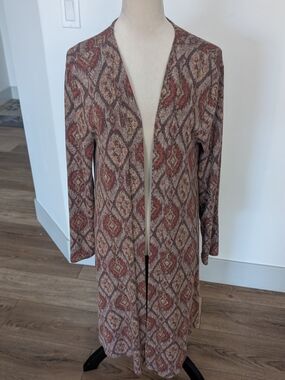 Open Front Patterned Duster Cardigan - Rust and Taupe